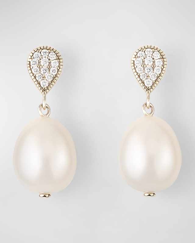 Pave Diamond and Pearl Drop Earrings