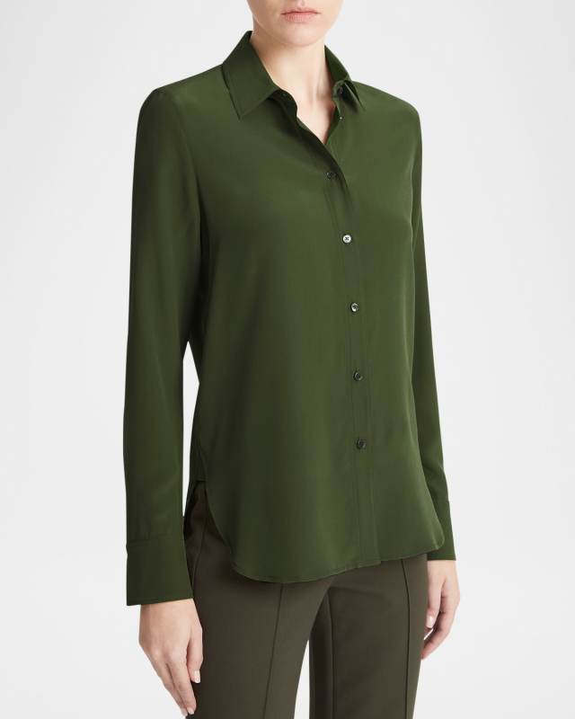 Slim-Fitted Stretch Silk Button-Front Blous
