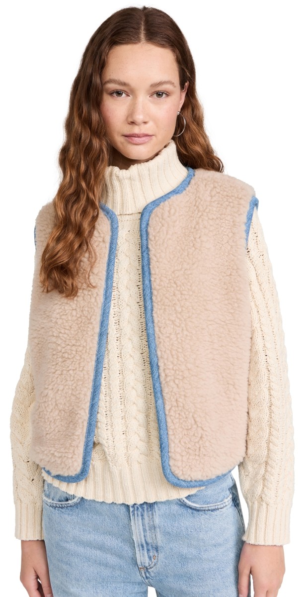 B Sides Reversible Reworked Vintage Denim and Sherpa Vest Oatmeal Sherpa