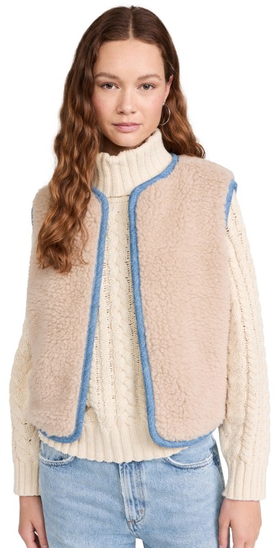 B Sides Reversible Reworked Vintage Denim and Sherpa Vest Oatmeal Sherpa