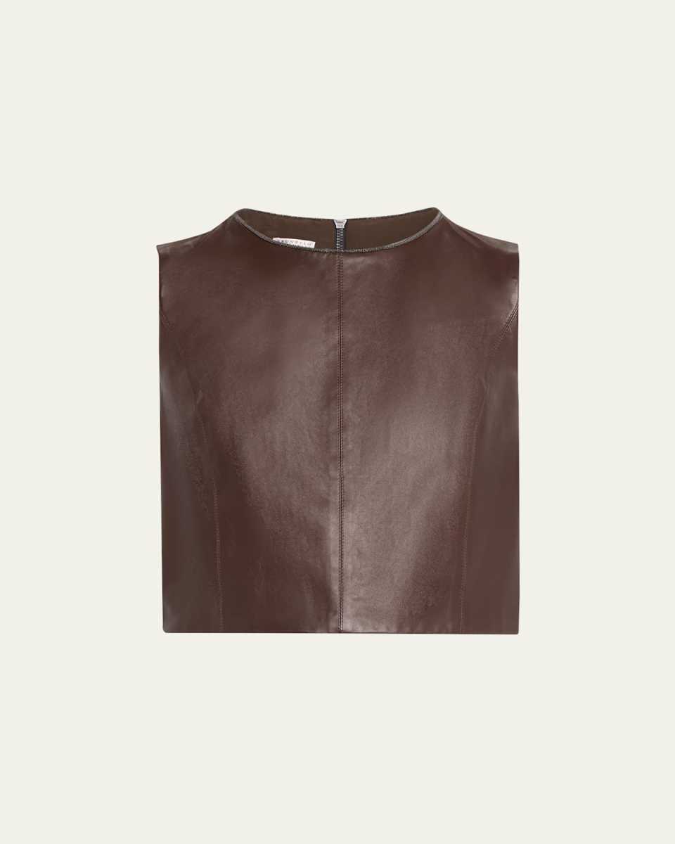 Smooth Glove Leather Crop Top with Monili Trim