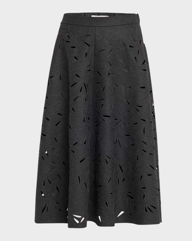 Flannel Wool A-Line Midi Skirt with Laser-Cut Floral Embroidery
