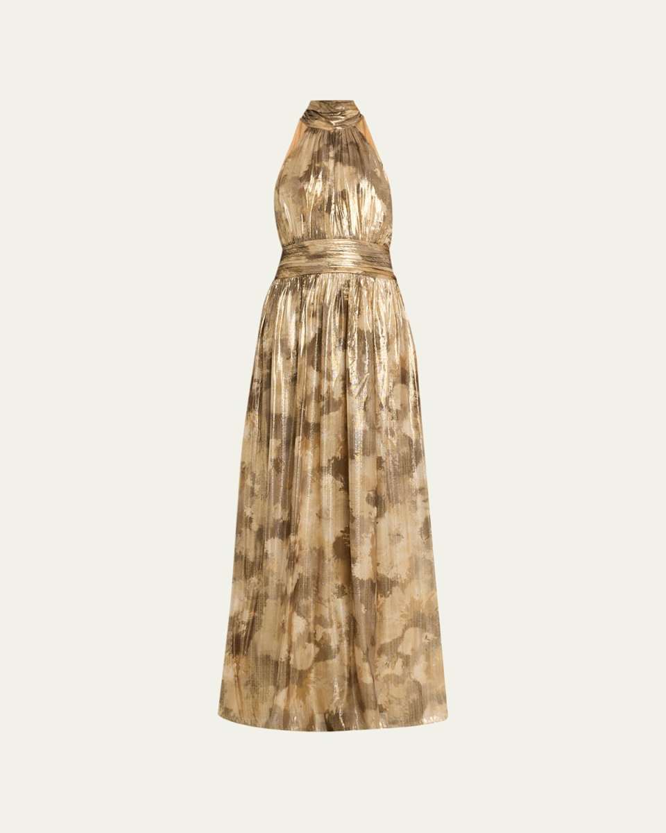 Ainsley Metallic Blurred Floral-Print Halter Maxi Dress