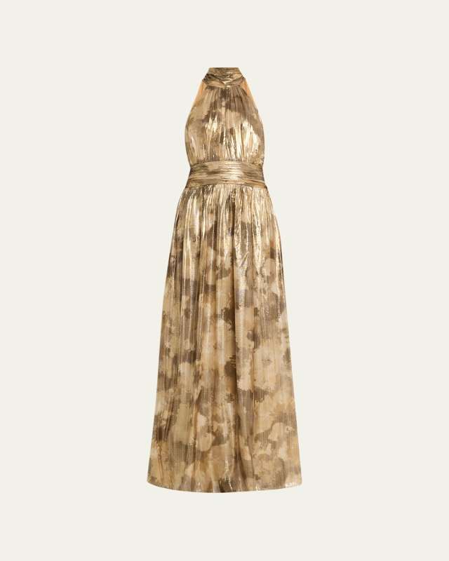 Ainsley Metallic Blurred Floral-Print Halter Maxi Dress