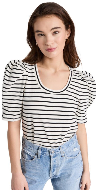English Factory Stripe Pleated Puff Sleeve Top White/Black