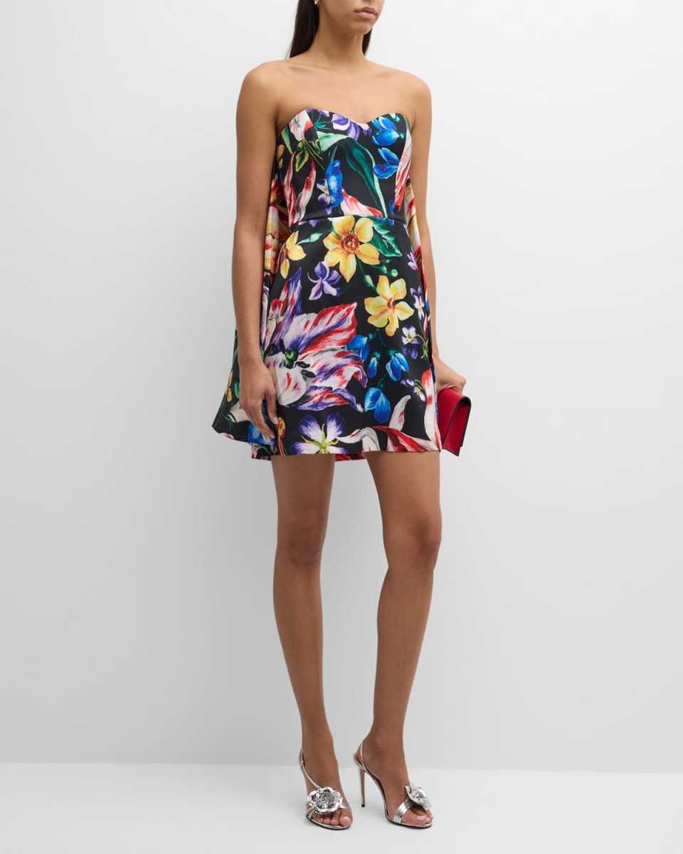 Strapless Floral-Print Cape Mini Dress