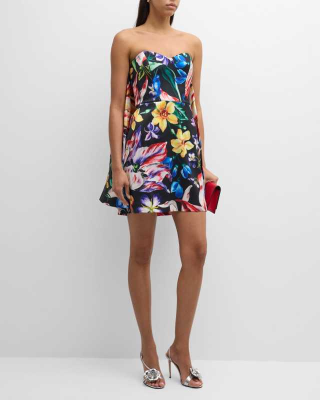 Strapless Floral-Print Cape Mini Dress