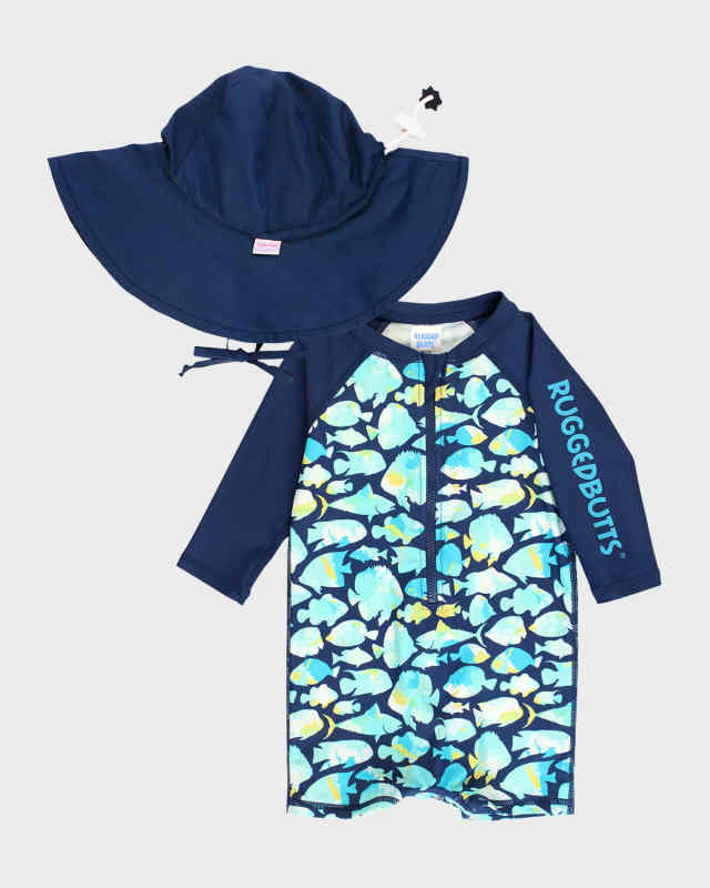 Boy's Fish Friends One-Piece Swimsuit and Hat Set, Size 0M-2T