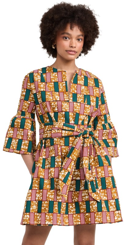 the Oula Company Tie Front Split Neck Dress Tan/Hot Pink/Teal