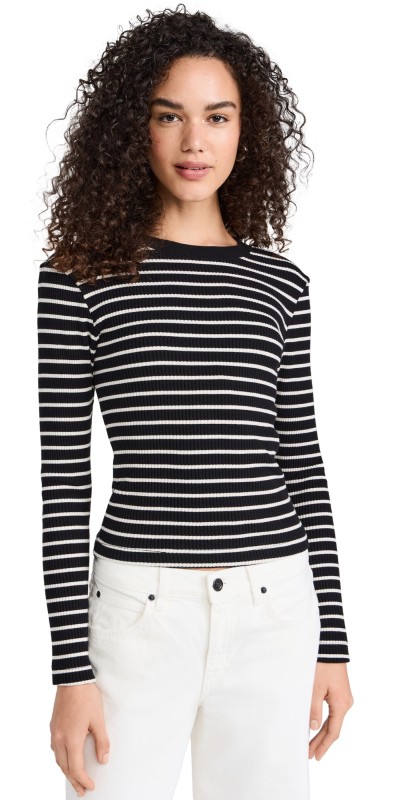 perfectwhitetee Clyde Ribbed Long Sleeve Stripe Baby Tee True Black/Natural Stripe