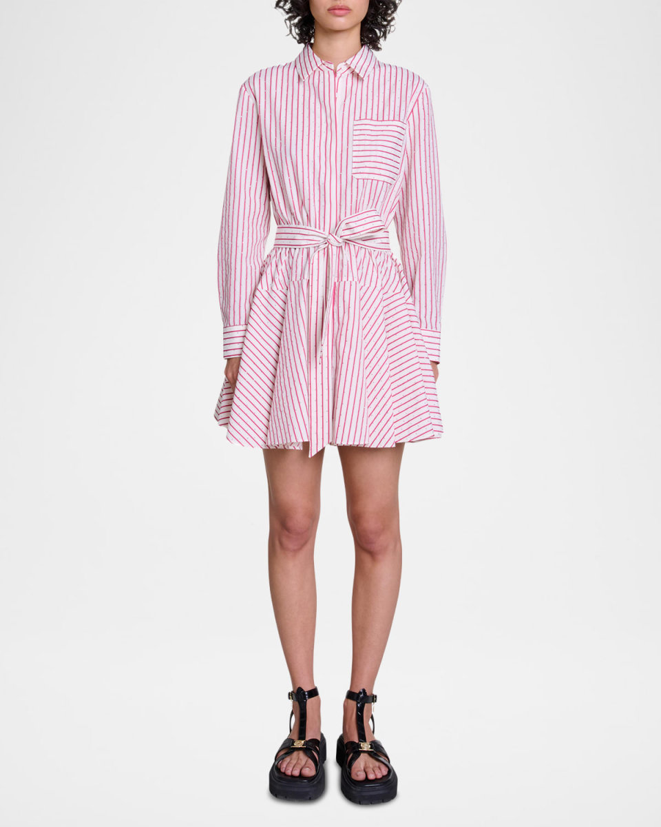 Reva Embellished Stripe Belted Mini Shirtdress