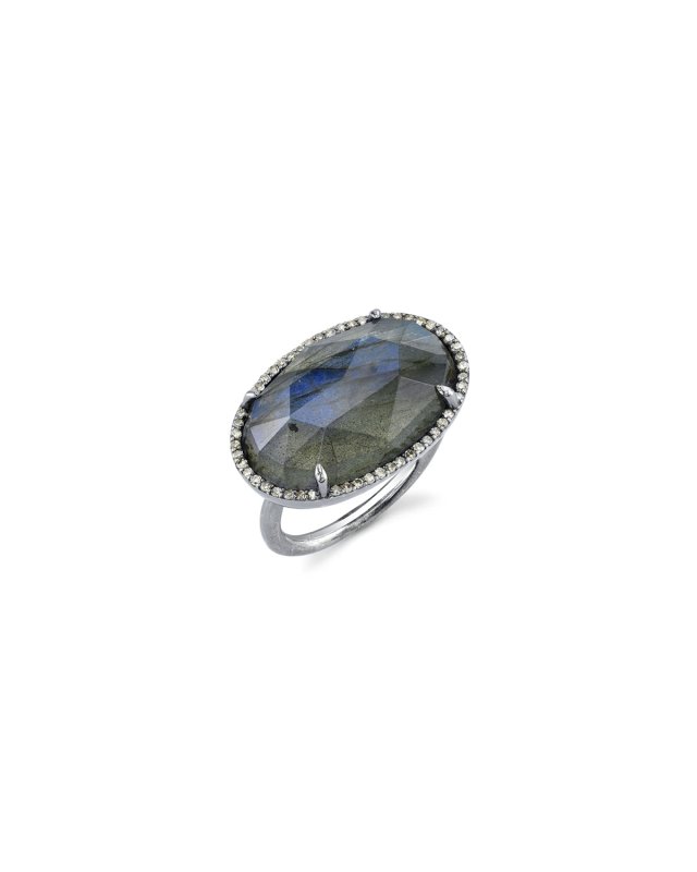 East-West Labradorite Ring w/ Diamonds, Size 8