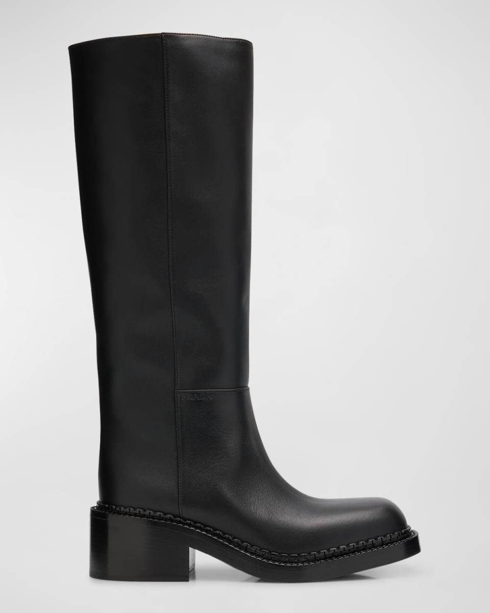 Leather Square-Toe Tall Moto Boots