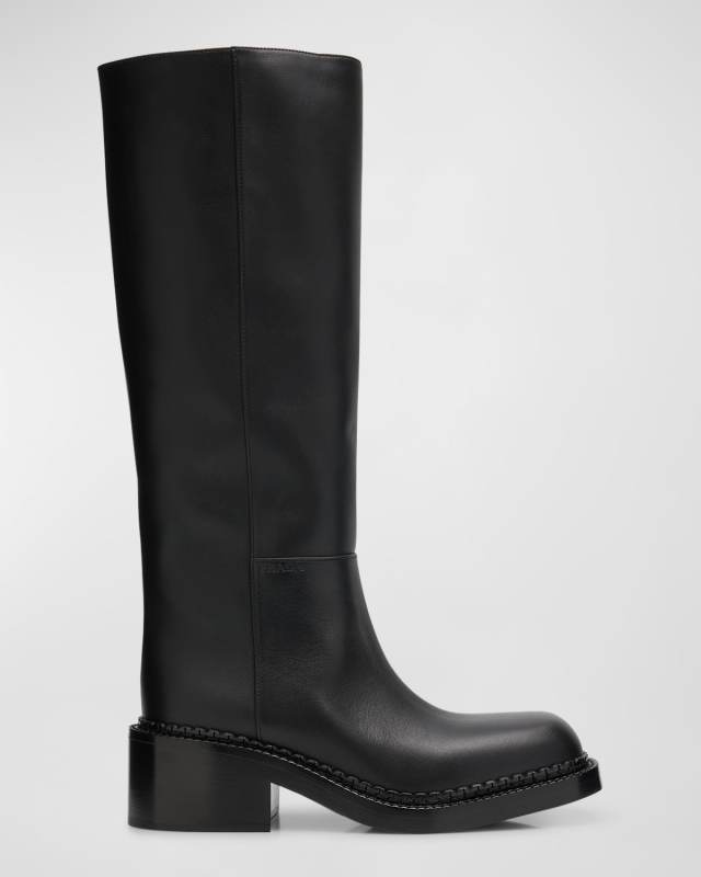 Leather Square-Toe Tall Moto Boots