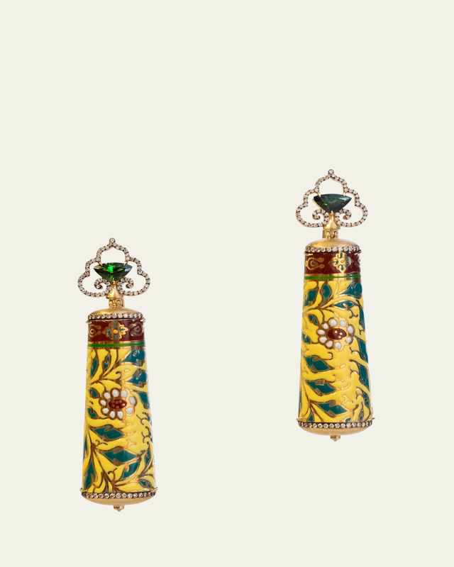 East West 18K Yellow Gold Ceramic, Tourmaline, and Diamond Earrings