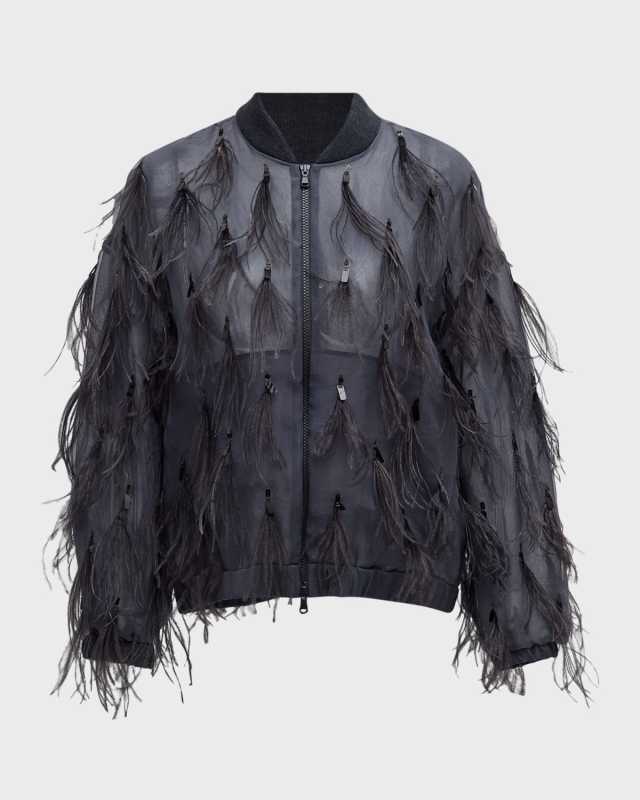 Crispy Silk Organza Bomber Jacket with Feather and Shiny Embroidery