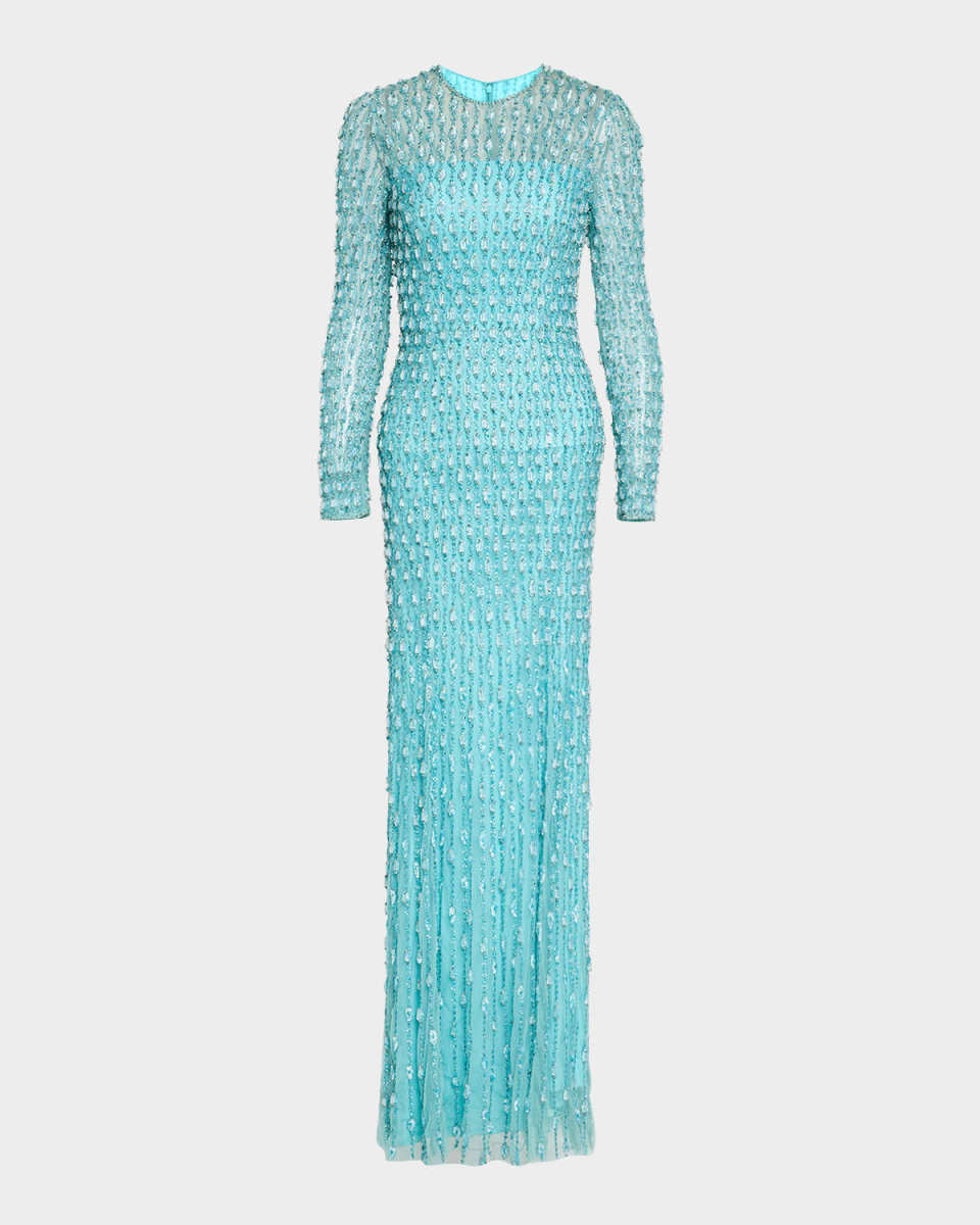 Nova Crystal Long-Sleeve Illusion Gown