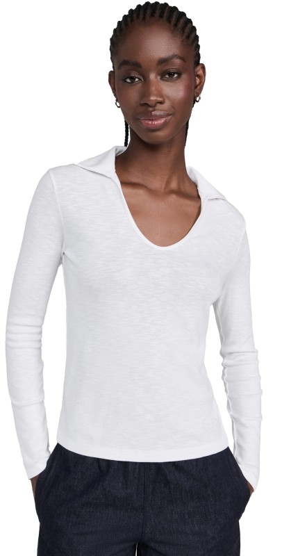 Vince Long Sleeve Open Neck Polo Off White