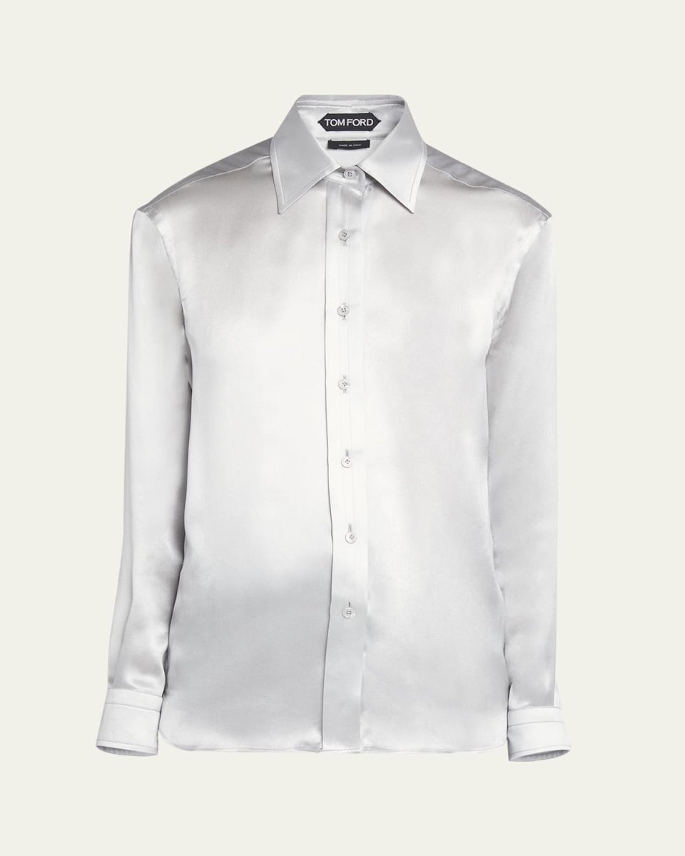 Pleated-Placket Fluid Silk Charmeuse Collared Shirt