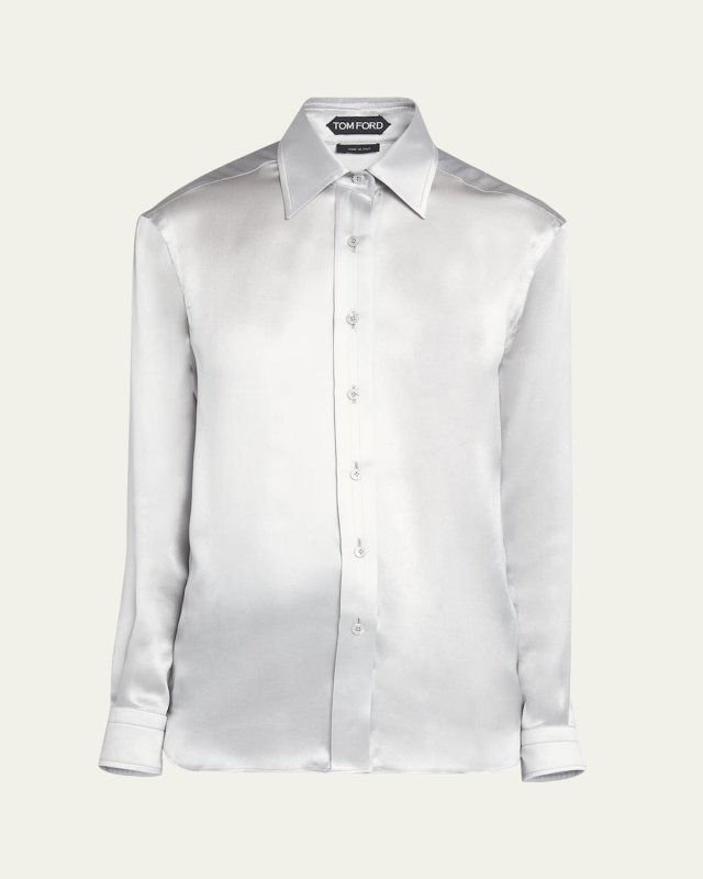 Pleated-Placket Fluid Silk Charmeuse Collared Shirt
