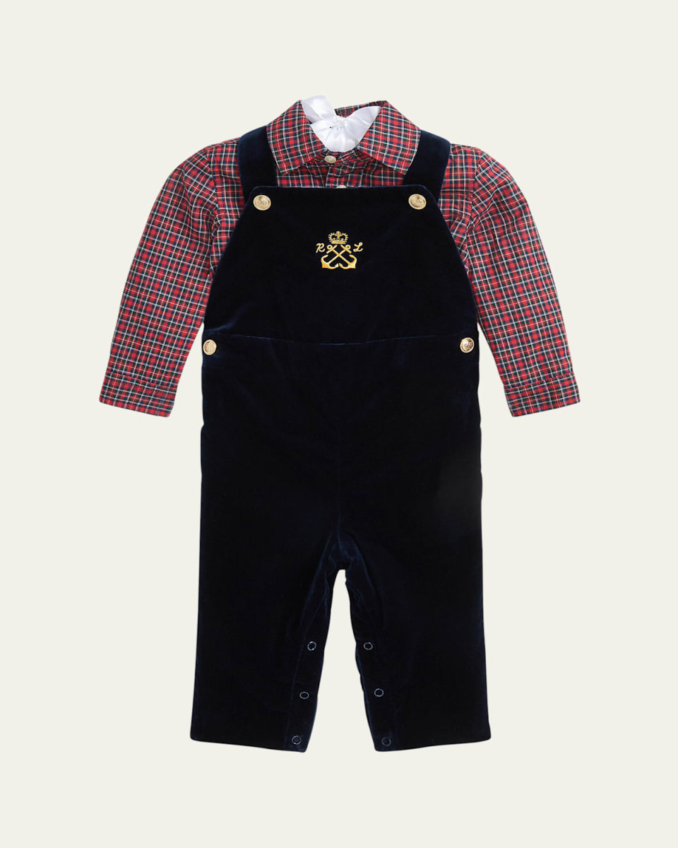 Boy's Plaid-Print Shirt & Velvet Overalls Set, Size 9M-