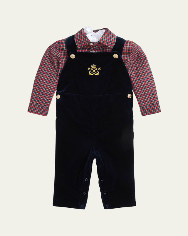 Boy's Plaid-Print Shirt & Velvet Overalls Set, Size 9M-