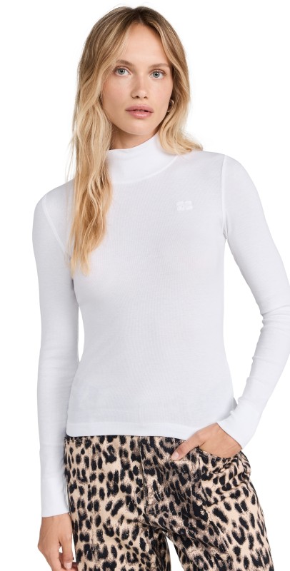 GANNI Soft Cotton Rib Long Sleeve T-Shirt Bright White