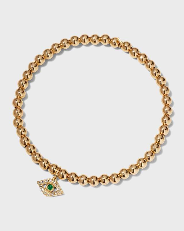 Large Emerald Evil Eye Charm Bracelet with 4mm Gold Beads
