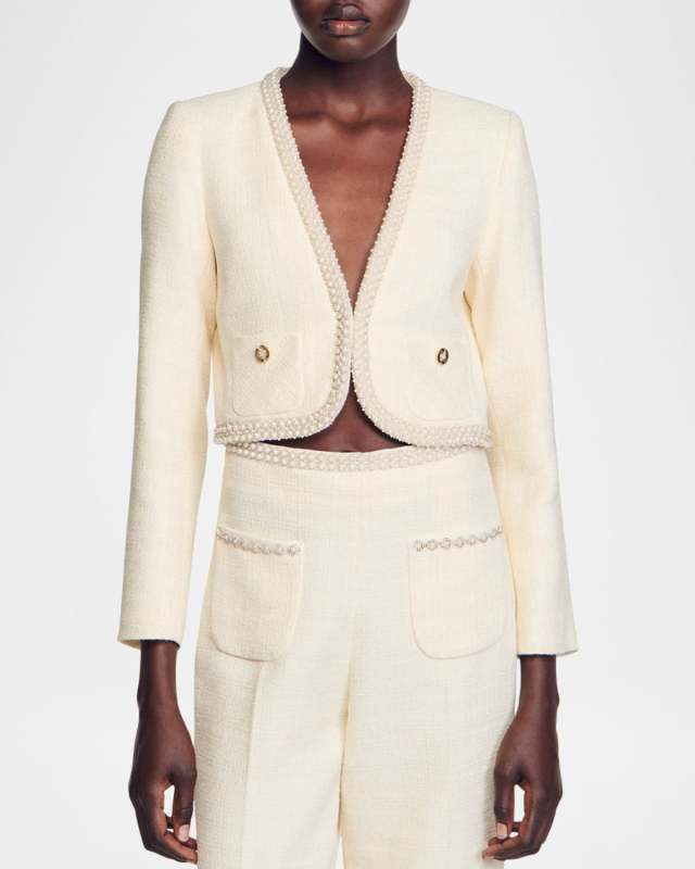 Vayene Plunging V Beaded Crop Blazer