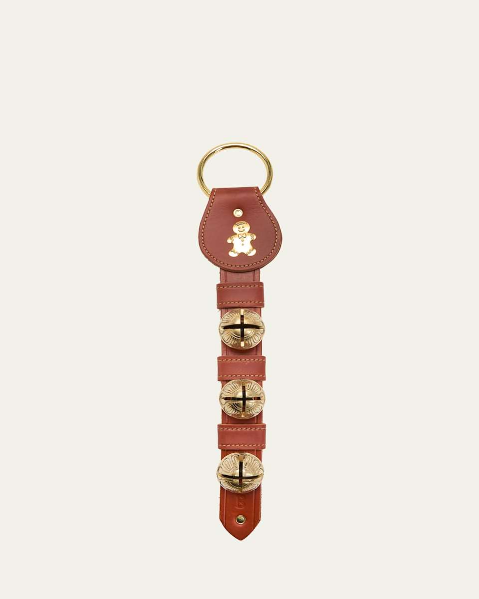 3 Solid Brass Bells Leather Strap with Gingerbread Charm