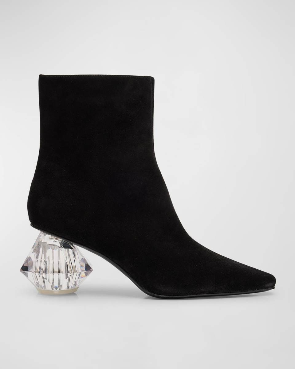 Suede Crystal-Heel Ankle Booties