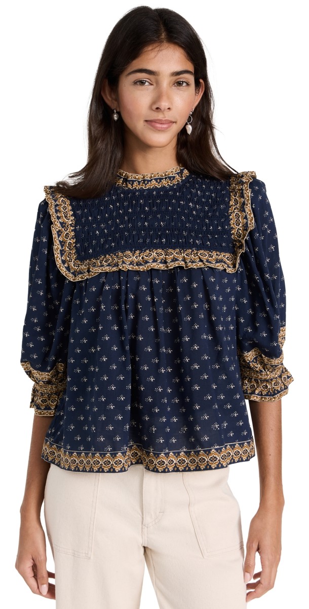 Sea Arlita Print Puff Sleeve Top Navy