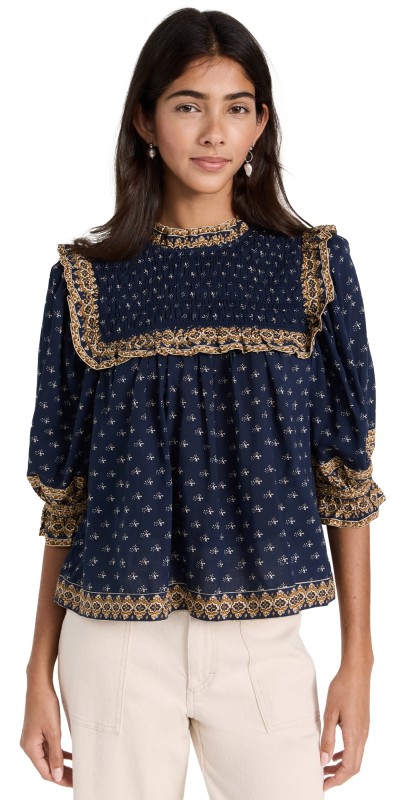 Sea Arlita Print Puff Sleeve Top Navy