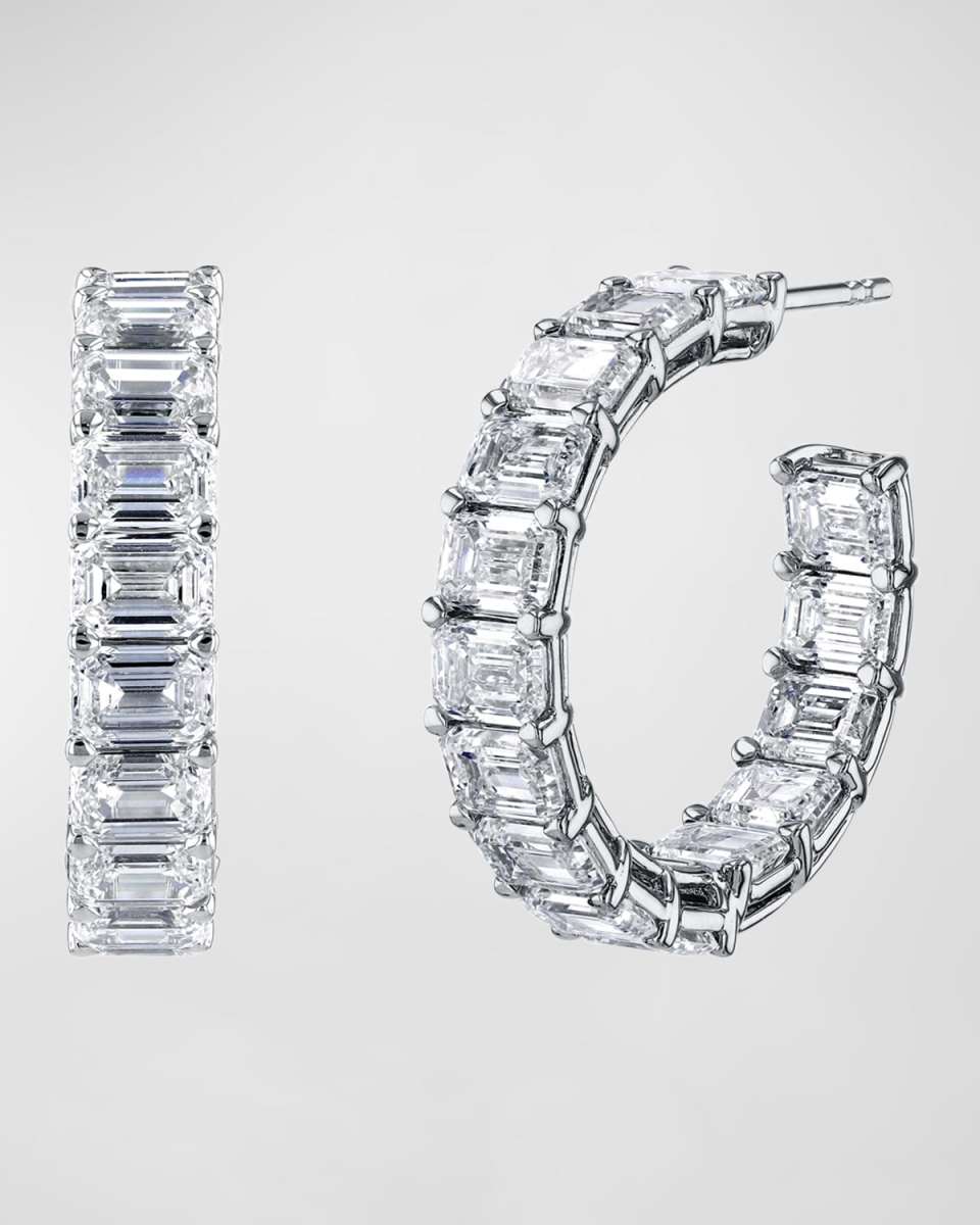 18K Gold East-West Emerald-Cut Diamond Hoop Earrings, 5.4tcw/1"L