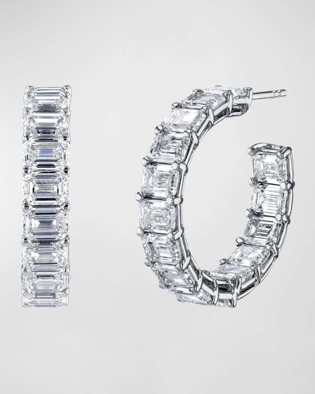 18K Gold East-West Emerald-Cut Diamond Hoop Earrings, 5.4tcw/1"L