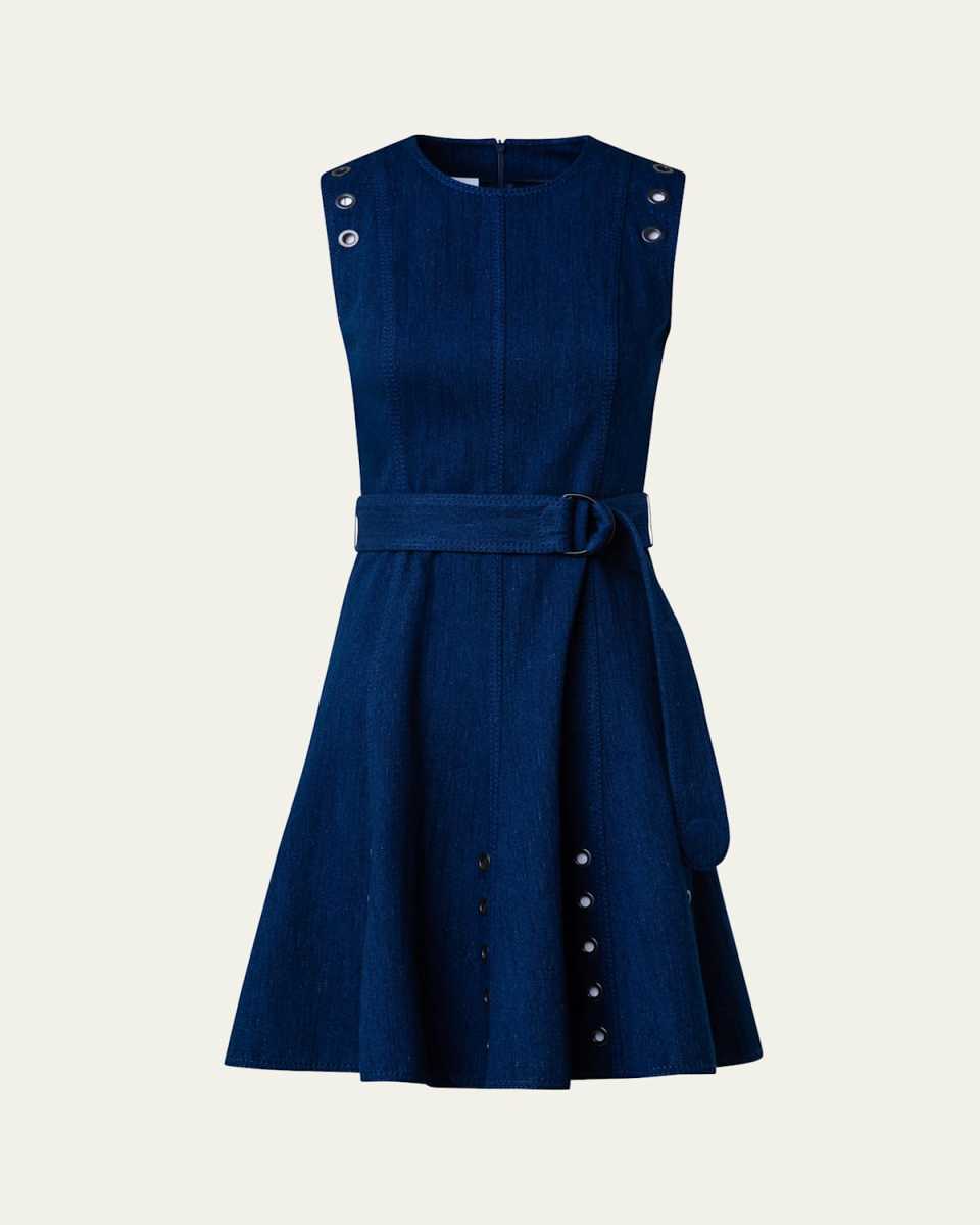Belted Stretch Denim Short Dress with Eyelet Applications