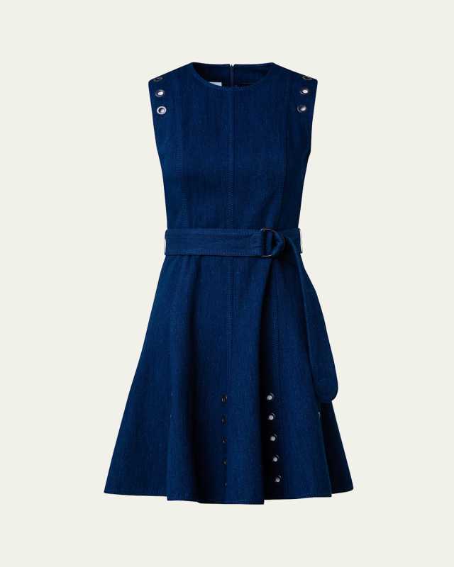 Belted Stretch Denim Short Dress with Eyelet Applications