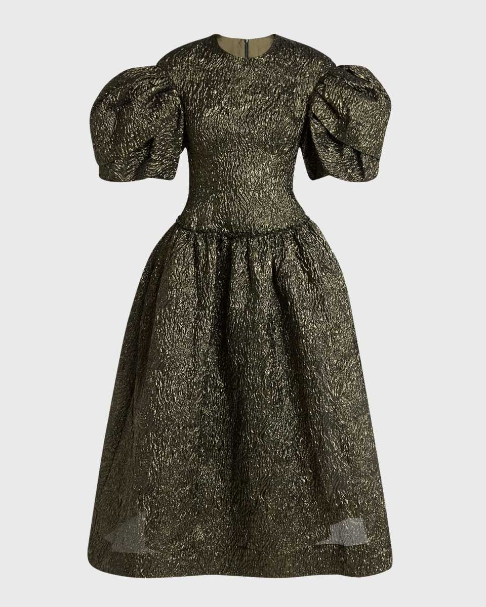 Metallic Cloqué Puff-Sleeve Sculpted Corset Maxi Dress
