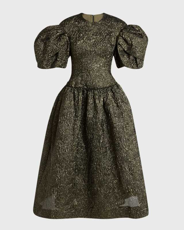 Metallic Cloqué Puff-Sleeve Sculpted Corset Maxi Dress