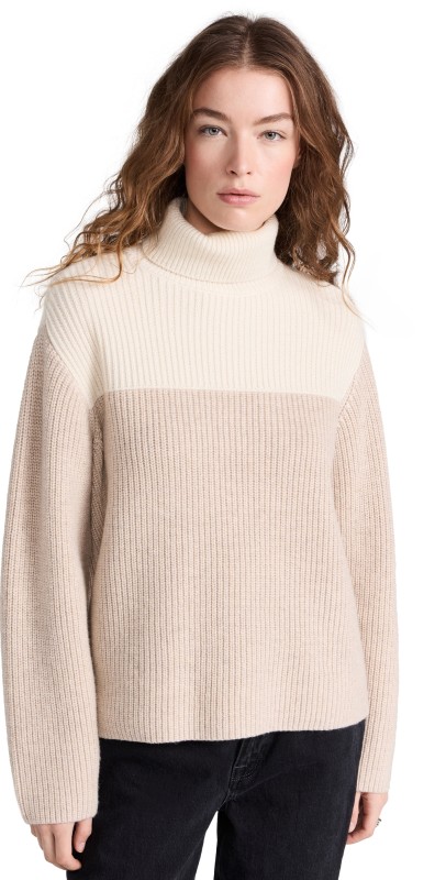 ATM Anthony Thomas Melillo Wool Blend Colorblock Turtleneck Sweater Beige Combo