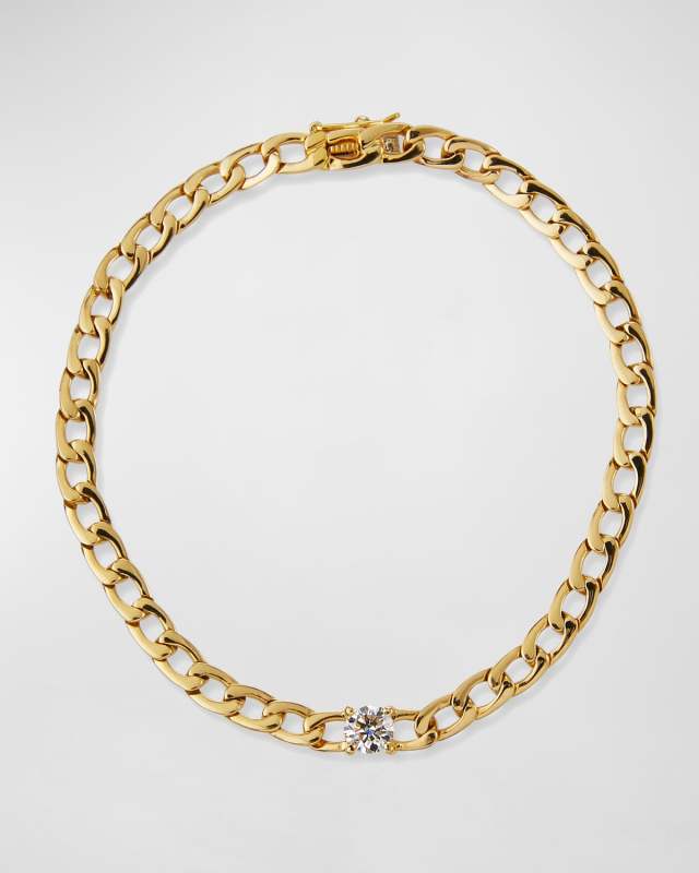 18k Yellow Gold Plain Chain-Link Bracelet with Diamond Center