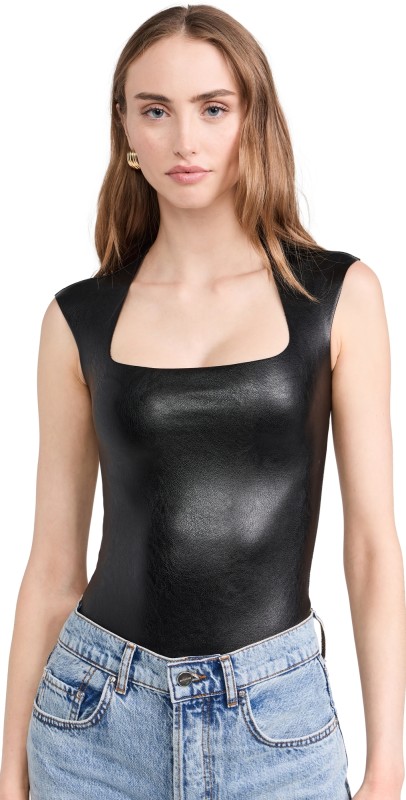Commando Faux Leather Cap Sleeve Thong Bodysuit Black