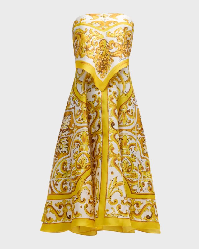 Maiolica-Print Silk Twill Strapless Scarf Midi Dress