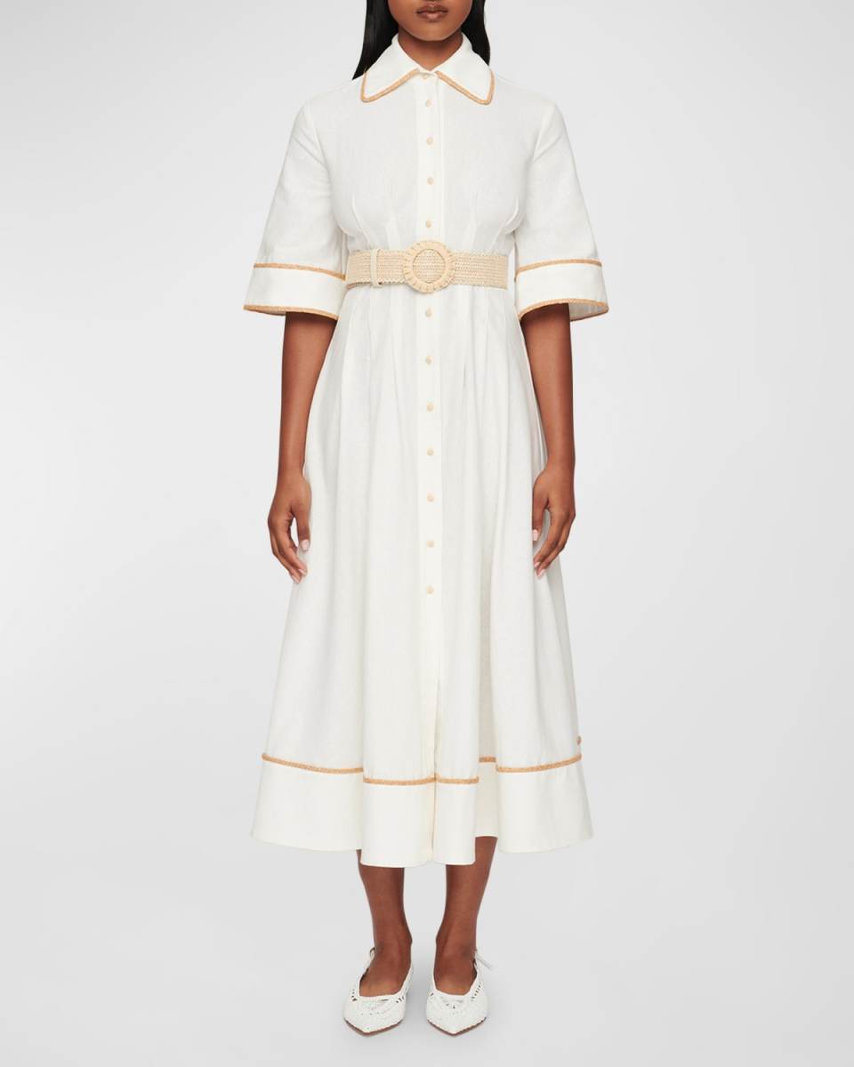 Lucia Raffia-Trim Midi Shirtdress