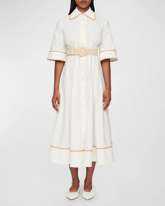 Lucia Raffia-Trim Midi Shirtdress