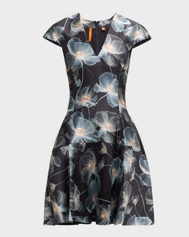 Floral Cap-Sleeve Flounce Dress