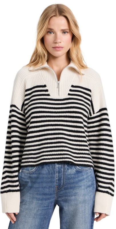 rag & bone Pierce Stripe Cashmere Boxy Half Zip Ivory Multi