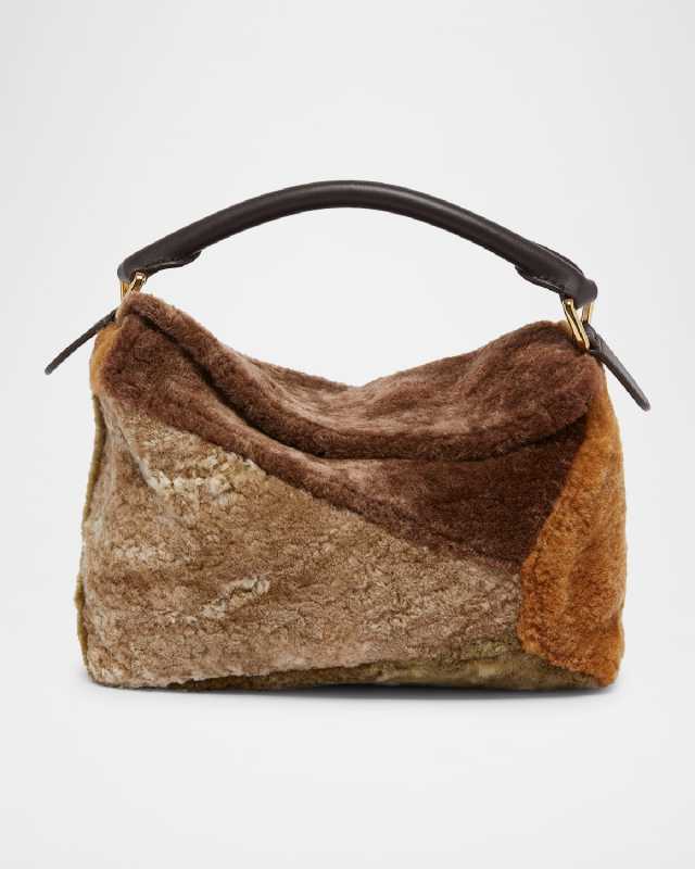 Puzzle Edge Small Sheep Shearling Fur Top-Handle Bag