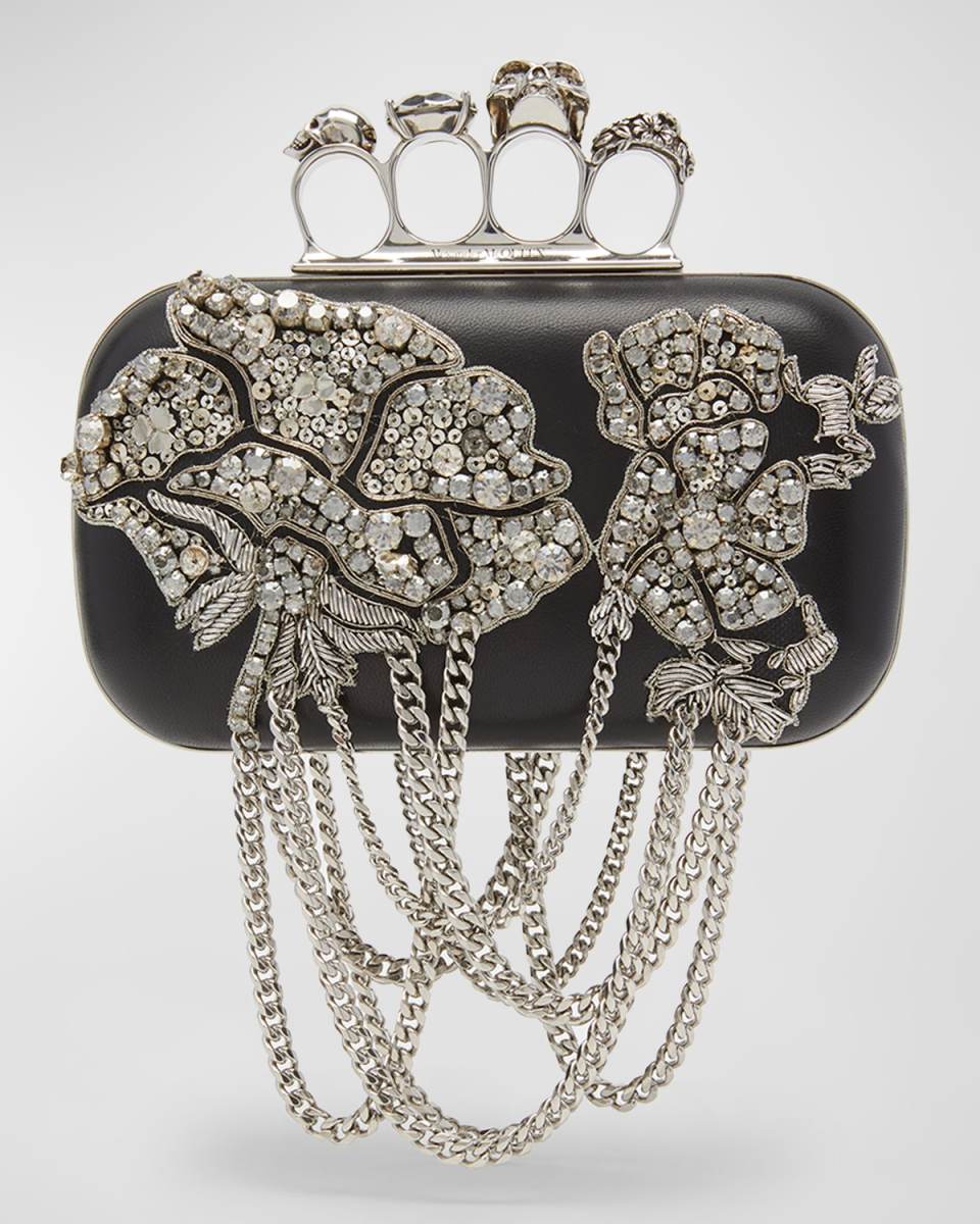 Skull Crystal-Embellished Fringe Clutch Bag