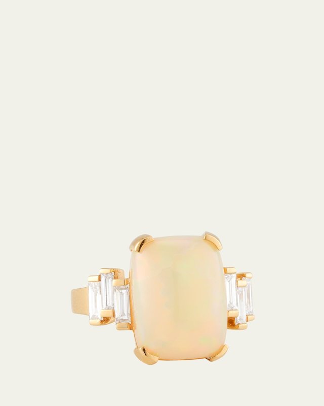 18K Yellow Gold OAK Opal Ring with White Diamond Baguettes